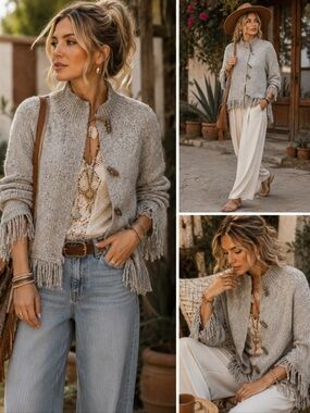 Ruby Rd  L Boho Poncho Cardigan Oatmeal Fringe Toggle Lagenlook Sweater VINTAGE